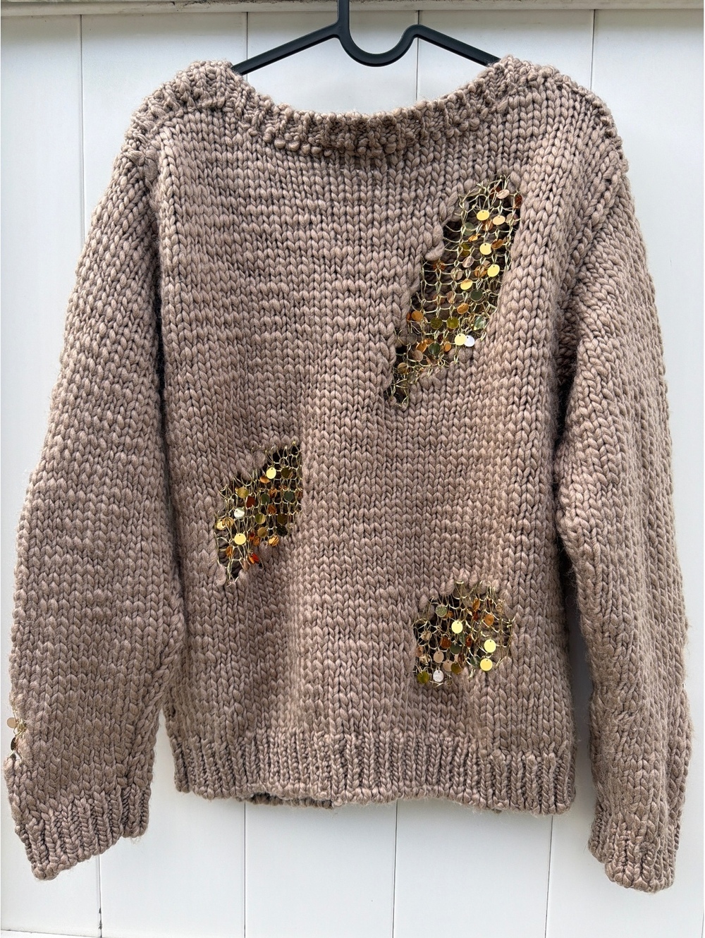 Zara Women's Size S Taupe Chunky Knit Gold Sequin Detail Crew Neck Sweater - Picture 2 of 9